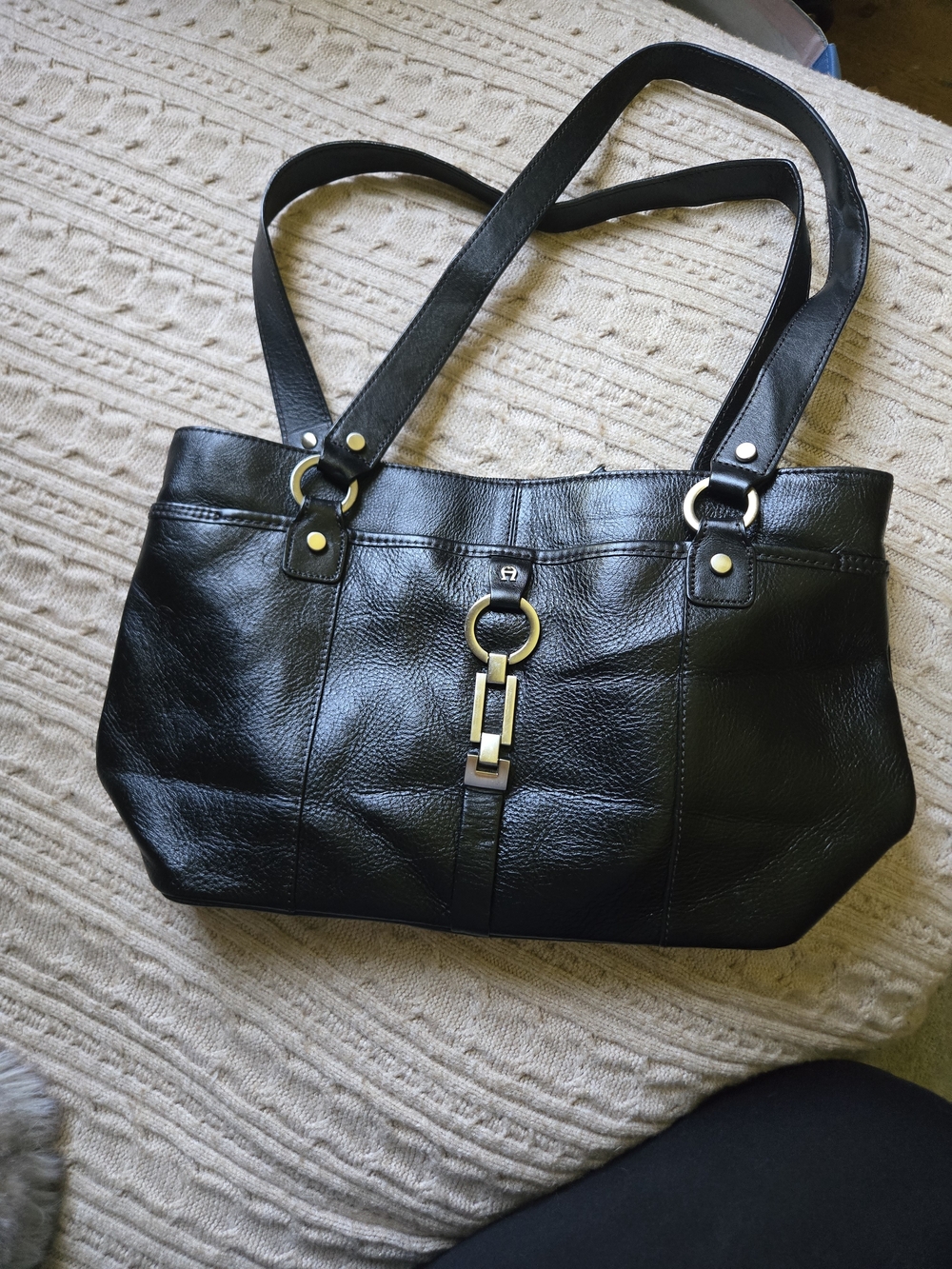 Vintage 1990s Etienne Aigner Black Leather Tote Bag with Silver Hardware